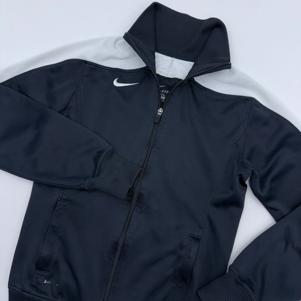 Nike Dri-Fit Full Zip Track Jacket Womens Small Black White Long Sleeve Athletic